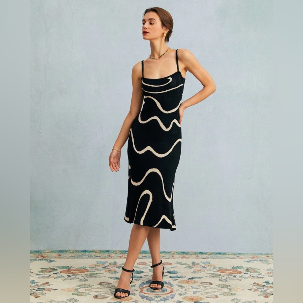 Rihoas Black Wave Mermaid Hem Knit Midi Dress - L (NWT)